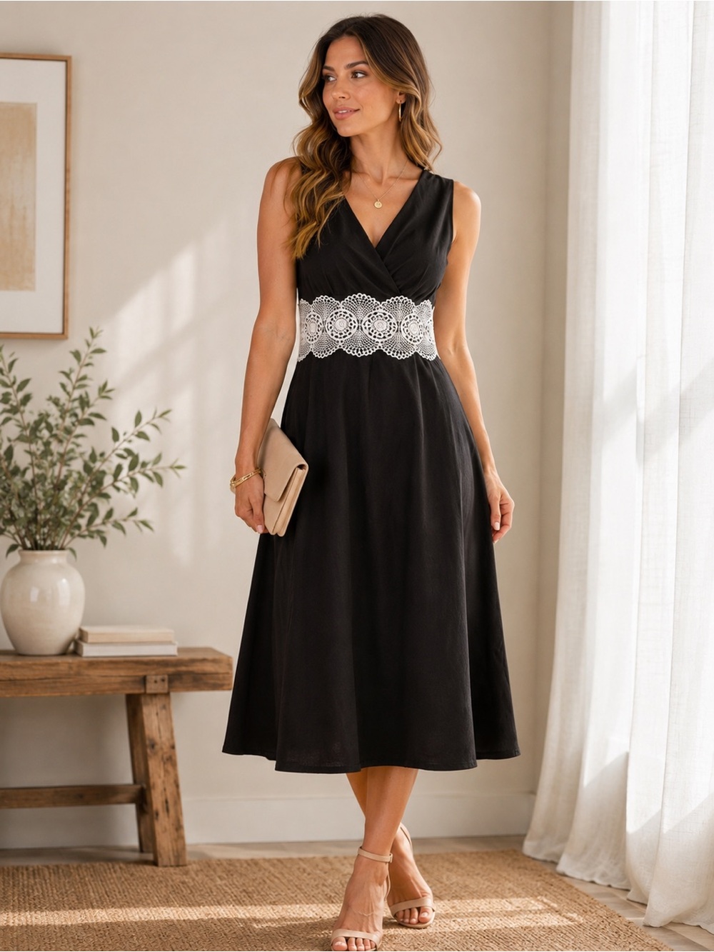 LOFT NWT Midi Dress Size 12 Black White Lace Waist Sleeveless A-Line